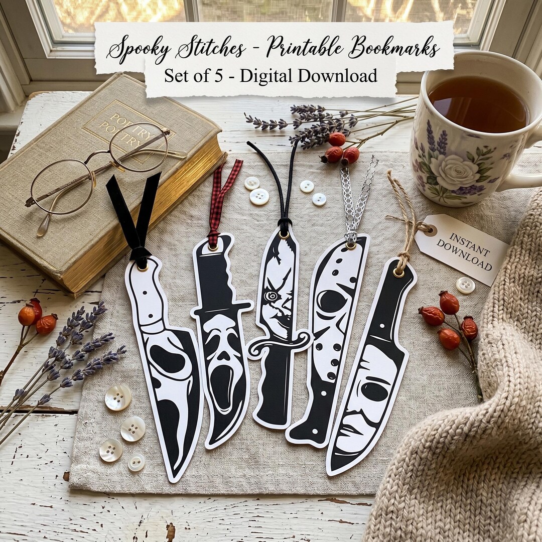 5 Horror Knife Bookmarks Set, Printable Horror Bookmarks, Slasher ...