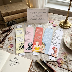 May include: A collection of five digital download bookmarks with retro-style illustrations and quotes. The bookmarks are in yellow, pink, coral, blue, and white. The image also includes vintage books, pens, and a notebook with "My Reading List" written on it.