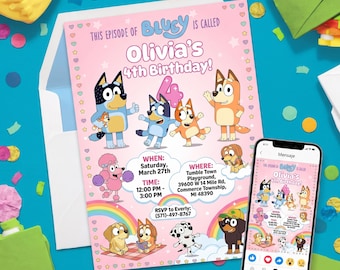 青い子犬の誕生日招待状 | 子供向けパーティー招待状 | パーソナライズされたデジタル招待状 | カートゥーンテーマ | 即時ダウンロード | Canva不要