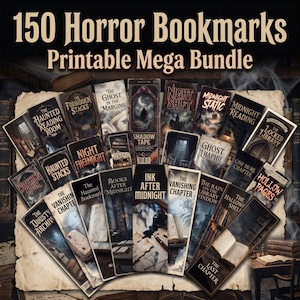 Puede incluir: Un conjunto de 150 marcadores imprimibles de terror. Los marcadores muestran títulos como "The Ghost in the Margins" y "The Vanishing Chapter". La imagen tiene una estética vintage con un tema gótico oscuro.