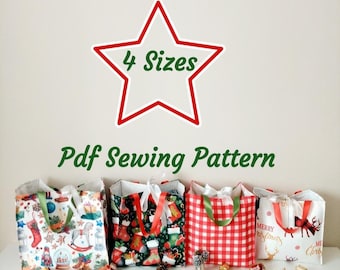 Christmas Gift Bag Pattern, Reusable Fabric Tote Bag, 4 Sizes Diy Sewing Pattern Pdf
