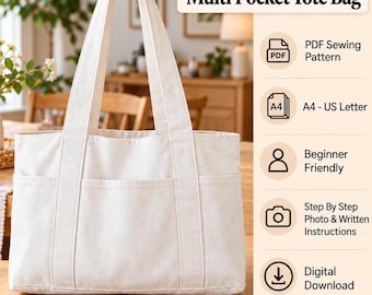 Könnte beinhalten: Eine cremefarbene Canvas-Tragetasche mit zwei langen Schulterriemen und drei Außentaschen. Der Text Multi Pocket Tote Bag wird zusammen mit Symbolen für ein PDF-Schnittmuster, A4-US Letter-Format, anfängerfreundlich, Fotoanleitungen und digitalem Download angezeigt.