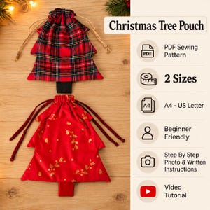 May include: Two Christmas tree-shaped pouches with drawstring closures. One pouch features a red, green, and blue plaid pattern with tan cords, while the other is solid red with gold holly leaf prints and dark red cords. Text reads Christmas Tree Pouch.