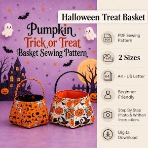 Könnte beinhalten: Ein digitales Schnittmuster für einen Halloween-Süßigkeitenkorb mit zwei Stoffkörben mit schwarzen Henkeln. Der orangefarbene Stoff zeigt Kürbisse, Fledermäuse und Hexenhüte. Der Text umfasst "Halloween Treat Basket", "Pumpkin Trick or Treat Basket Sewing Pattern", "2 Sizes", "A4 - US Letter", "Beginner Friendly" und "Digital Download".