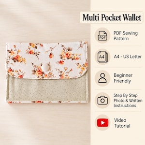 May include: A multi-pocket wallet sewing pattern featuring a floral print flap with a white snap button and a light green polka dot base. The text includes Multi Pocket Wallet, PDF Sewing Pattern, A4 - US Letter, Beginner Friendly, Step By Step Photo & Written Instructions, and Video Tutorial.