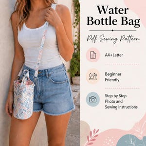 Peut inclure: Un sac pour bouteille d'eau cylindrique avec un motif de feuilles claires et une bandoulière réglable assortie. L'image contient le texte : Water Bottle Bag, Pdf Sewing Pattern, A4+Letter, Beginner Friendly, Step by Step Photo and Sewing Instructions.