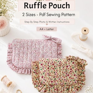 Quilted Ruffle Pouch Bag Sewing Pattern - Zipper Makeup Bag Pdf - Beginner Friendly 2 Sizes