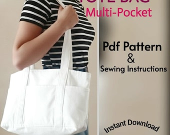 Canvas Tote Bag Sewing Pattern, Multi-Pocket Shopping Bag Pdf