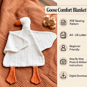 Pode incluir: Uma manta de segurança de musselina branca em forma de ganso com bico e pés cor de laranja, acompanhada de um molde de costura digital intitulado Goose Comfort Blanket, com ícones de PDF, A4-US Letter, para iniciantes e instruções fotográficas.