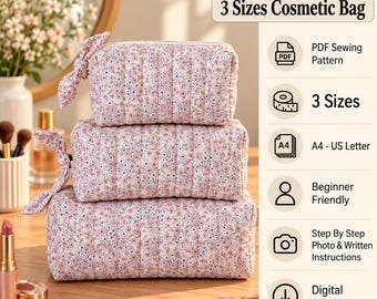 May include: Three quilted cosmetic bags in varying sizes, featuring a pink floral pattern and side bow accents. The text reads 3 Sizes Cosmetic Bag, PDF Sewing Pattern, 3 Sizes, A4 - US Letter, Beginner Friendly, Step By Step Photo & Written Instructions, Digital Download.