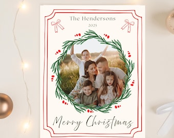 Biglietto di auguri personalizzabile per le feste, biglietto di Natale con foto di famiglia, modello Canva stampabile, ghirlanda natalizia (download immediato)