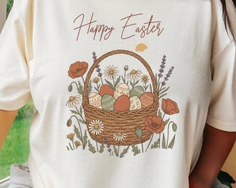 Frohe Ostern Blumenkorb T-Shirt | Ostereier, Frühlingsblumen, süßes Ostershirt für Frauen, Ostern Rundhalsausschnitt