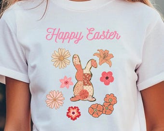 Kinderblumenhasen-Frohe Ostern-Jugend-T-Stück, Kinderfrühlings-Ostern-Hemd, glücklicher Osterhasen-T-Shirt