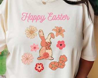 Fröhlicher Osterhase T-Shirt, Retro Komfort Osterhemd, Blumen Osterkaninchen Sweatshirt, süßes Ostergeschenk, Osteroutfit für Frau