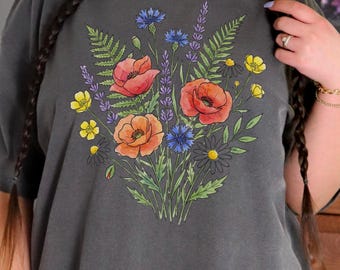 Wildblumen Bouquet T-Shirt Boho botanisches T-Shirt mit Vintage Wiesenblumen, Geschenk für Gärtner, Wildblumen Sweatshirt, gepresstes Blumen-T-Shirt