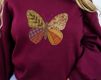 Faux Patchwork Schmetterling Shirt, Frühling Schmetterling Shirts, Ostern Shirts für Frauen, Blumen Frühling Patchwork, Geschenke für sie