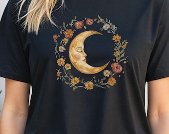 Mystische Mondphase Shirt, Mondsichel Grafik T-Shirt, himmlisches Shirt, himmlisches T-Shirt, mystisches Mond Shirt, Halbmond Blumenkranz TShirt