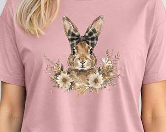 Kokette Schleife Ostern Shirt für Frauen, süßes Häschen Ostertagsgeschenk, Blumenhäschen Shirt, süßes Häschen Shirt, trendiges Ostern Rundhalsausschnitt, Kaninchen-T-Shirt
