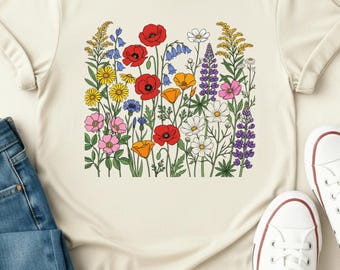 Boho Cottagecore Tshirt, Boho Botanisches T-Shirt mit Vintage Wiesenblumen, Geschenk für Gärtner, Wildblumen Sweatshirt, T-Shirt mit gepresster Blume