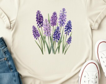 Botanisches Blumen T-Shirt, Boho Wildblumen Cottagecore Shirt, Hyazinthen Blumenstrauß T-Shirt, Mohnblumen Linolschnitt T-Shirt, Vintage gepresste Blumen Shirt