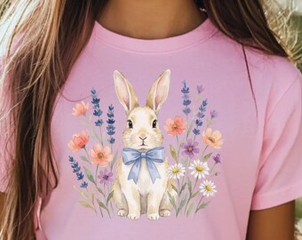 Osterhase mit Blumen Jugend T-Shirt, Osterhasen Shirt, Ostergeschenk, Kaninchen Shirt, Kaninchen T-Shirt, Kokett Schleife Osterhase