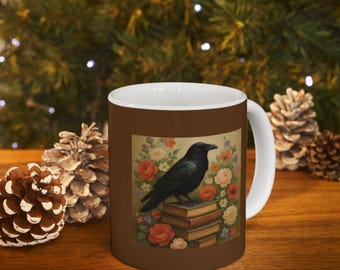 Raven on Books Ceramic Mug | Vintage Floral Library Design