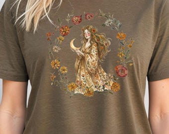 Vintage himmlische Tshirt, Boho Ernte Frau Illustration T-Shirt, Apotheker Shirt, Heilmittel Medizin, Halbmond Blumenkranz Tshirt