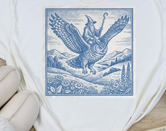 Retro Fantasy Grafik T-Shirt, Dark Art Fairycore Geschenk, Vintage Gothic Eule T-Shirt, Dunkler Cottagecore, Zauberer Katzen Reiter Vintage T-Shirt, Unisex