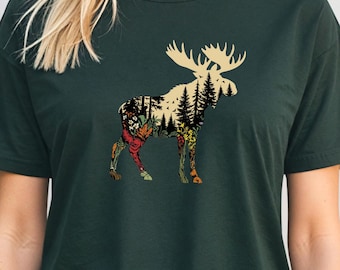 Vintage Wald Abenteuer Top, Elch Bär Wolf Hirsch Natur T-Shirt, Wildtier Grafik T-Shirt, Waldelch T-Shirt, rustikales Outdoor Geschenk, Unisex