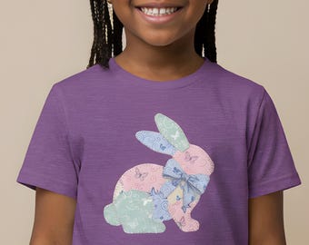 Pastell Blumen Häschen Jugend T-Shirt, Oster Shirt, Patchwork Häschen Shirt, Ostern Shirt, Blumen Faux Patchwork Häschen
