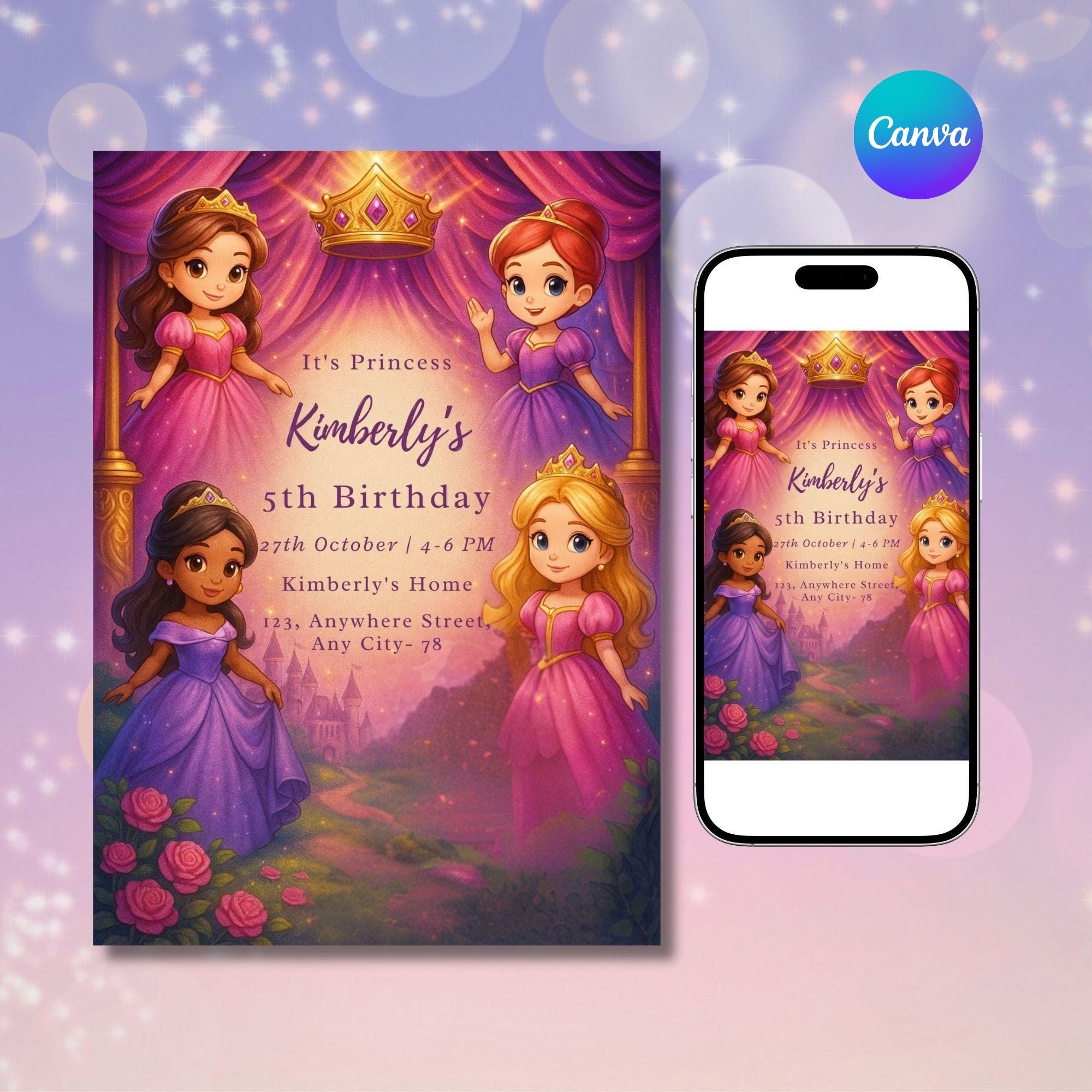 Editable Princess Birthday Invitation | Princess Birthday Template ...
