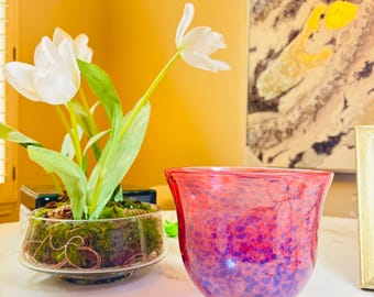 Signed BAGI Studio Art Glass Bowl – Red Purple Mottled Hand Blown Vessel