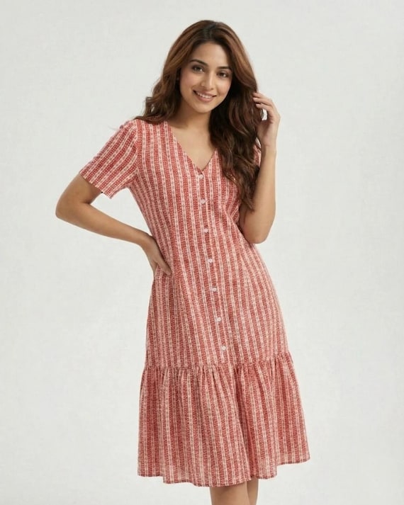 Red Vertical Print Cotton Midi Dress for Women