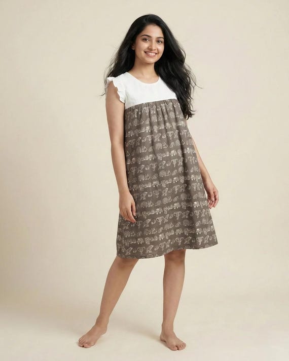 elephant print dress for ladies Gray Cotton Knee-Length Women 58047