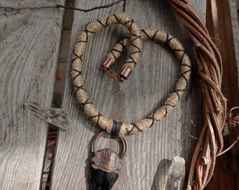 Obsidian arrowhead and copper necklace. Tribal jewelry.