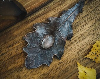 Natural rose quartz and oak leaf,  electroformed copper pendant, witchy jewelry