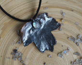 Natural moonstone Field maple leaf,  electroformed copper pendant, witchy jewelry