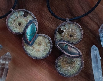 Ammonite fossil and labradorite copper necklace