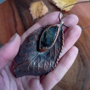 Labradorite and real leaf, electroformed copper pendant, witchy jewelry image 2