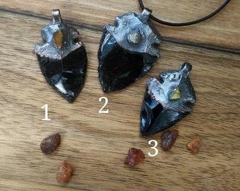 Primitive obsidian arrowhead and amber copper necklace