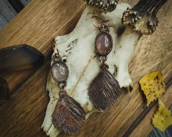 Natural rose quartz and strawberry,  electroformed copper earrings, witchy jewelry