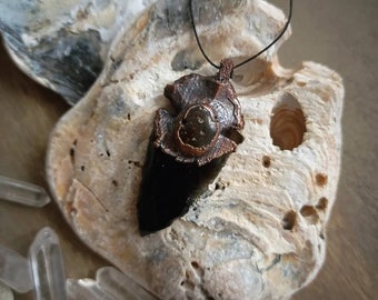 Primitive obsidian arrowhead and amber copper necklace