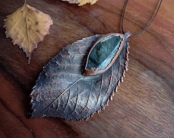 Labradorite and real leaf,  electroformed copper pendant, witchy jewelry