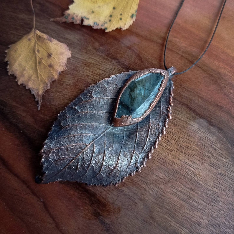 Labradorite and real leaf, electroformed copper pendant, witchy jewelry image 1