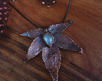 Copper maple leaf pendant with moonstone