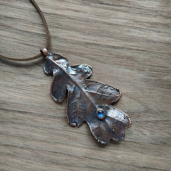 Natural moonstone and oak leaf,  electroformed copper pendant, witchy jewelry