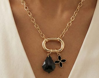 Gold Carabiner charm holder necklace black Swarovski crystal teardrop and flower pendant