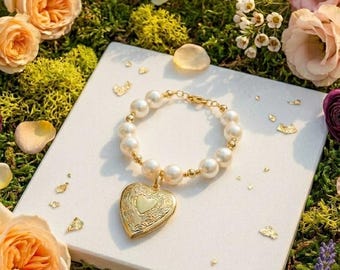 18k Gold Plated Freshwater Pearl Bracelet with Heart Locket - Handmade