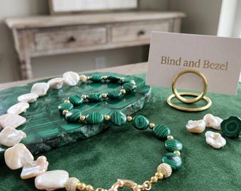 Chunky Malachite Pearl Necklace, 18k Gold Plated, Green Gemstone Statement Jewelry