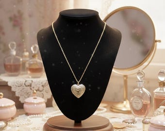 Engraved Heart Locket Necklace, 18k Gold Plated Victorian Style
